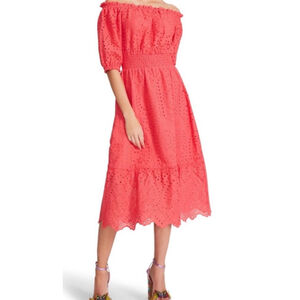 NWT Women's Betsey Johnson Coral Eyelet Off-Shoulder Midi Dress S